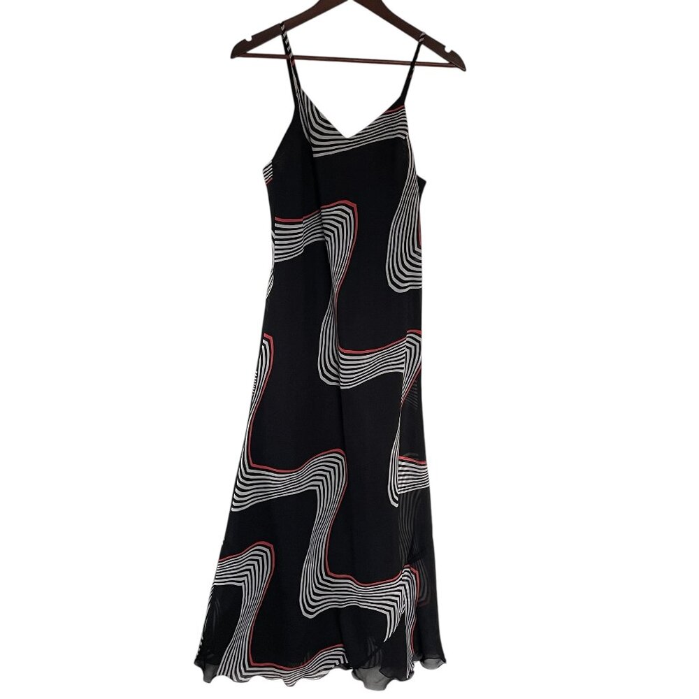 Vintage Y2K Mesh Maxi Sun Dress Medium M Black Psychedelic Wavy Print Whimsygoth
